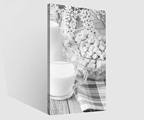 Leinwandbilder 1Tlg Essen Milch Frühstück blau Teller Piknik Küche schwarz weiß Leinwandbild Kunstdruck Wand Bilder Vlies Wandbild Leinwand Bild Druck 9W2101, Canvas BxH 1tlg:30x60cm