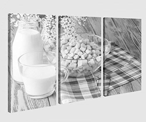 Leinwandbild 3 tlg Essen Milch Frühstück blau Teller Piknik Küche schwarz weiß Bild Bilder Leinwand Leinwandbilder Holz Wandbild mehrteilig 9W488, 3 tlg BxH:120x80cm (3Stk 40x 80cm)