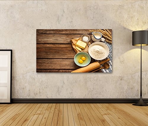 islandburner Bild auf Leinwand Wandbild Leinwandbild Bilder Poster Backkuchen in der ländlichen Küche - Teig Rezept Zutaten (Eier, Mehl, Milch, Butter Wandbild, Poster, Leinwandbild