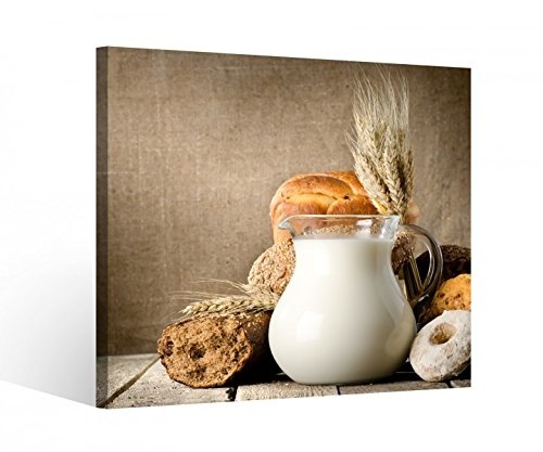 Leinwandbild 1Tlg Frühstück Milch Brot Stillleben Leinwand Leinwandbilder Bild Bilder Holz gerahmt 9U1844, BxH Format:40x40cm