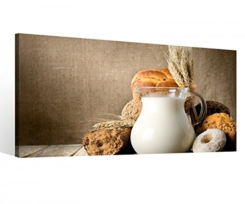 Leinwandbild 1 Tlg Frühstück Milch Brot Stillleben Leinwand Bild Bilder Holz gerahmt 9U1548, 1 Tlg BxH:60x30cm
