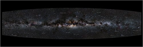 Posterlounge Leinwandbild 120 x 40 cm: Milchstraße Panorama (Beschriftung deutsch) von Jan Hattenbach - fertiges Wandbild, Bild auf Keilrahmen, Fertigbild auf echter Leinwand, Leinwanddruck