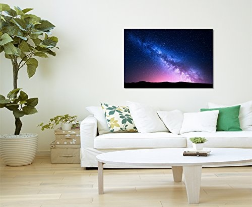 Sinus Art Wandbild 60x40cm Landschaftsfotografie - Milchstraße im pinken Sternenhimmel auf Leinwand für Wohnzimmer, Büro, Schlafzimmer, Ferienwohnung u.v.m. Gestochen scharf in Top Qualität