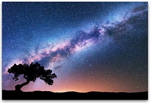 bestforhome 100x70cm Leinwandbild Milchstraße und Sterne über einen einzelnen Baum Leinwand auf Holzrahmen