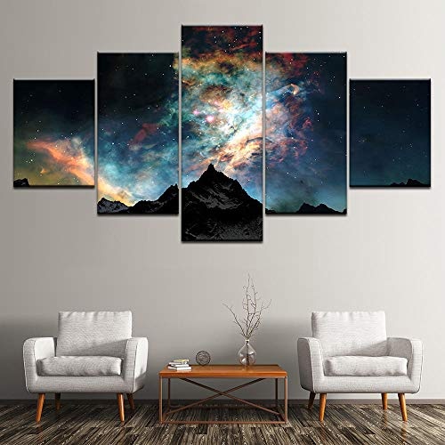 EUFJHS 5-Teilige Leinwand Auf Leinwand Gedruckt Hd Leinwandbilder Dekor Sternenhimmel Berge Raum Planeten Malerei Drucken Abstrakte Milchstraße Poster Wandkunst-B Rahmen