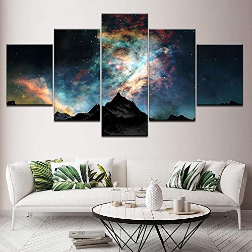 EUFJHS 5-Teilige Leinwand Auf Leinwand Gedruckt Hd Leinwandbilder Dekor Sternenhimmel Berge Raum Planeten Malerei Drucken Abstrakte Milchstraße Poster Wandkunst-B Rahmen