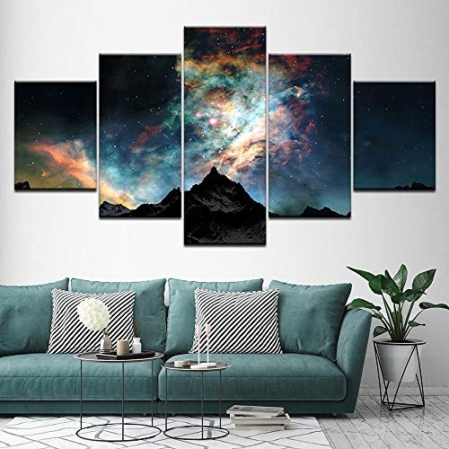 EUFJHS 5-Teilige Leinwand Auf Leinwand Gedruckt Hd Leinwandbilder Dekor Sternenhimmel Berge Raum Planeten Malerei Drucken Abstrakte Milchstraße Poster Wandkunst-B Rahmen