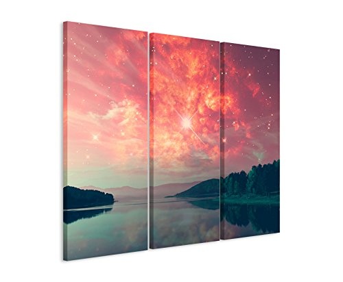 3 teiliges Leinwand-Bild 3x90x40cm (Gesamt 130x90cm) Landschaftsfotografie - Roter Sternenhimmel am See auf Leinwand exklusives Wandbild moderne Fotografie für ihre Wand in vielen Größen