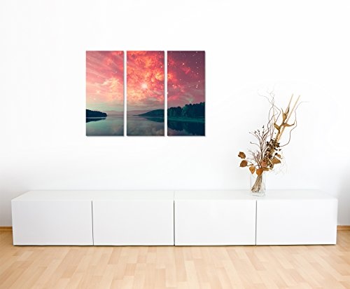 3 teiliges Leinwand-Bild 3x90x40cm (Gesamt 130x90cm) Landschaftsfotografie - Roter Sternenhimmel am See auf Leinwand exklusives Wandbild moderne Fotografie für ihre Wand in vielen Größen