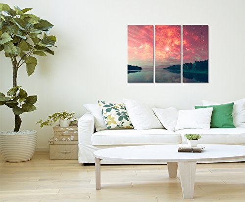 3 teiliges Leinwand-Bild 3x90x40cm (Gesamt 130x90cm) Landschaftsfotografie - Roter Sternenhimmel am See auf Leinwand exklusives Wandbild moderne Fotografie für ihre Wand in vielen Größen