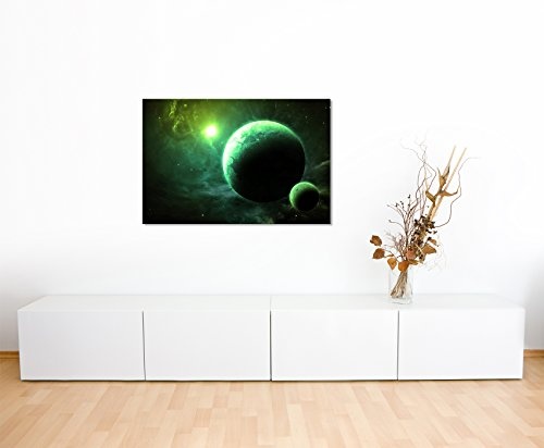 Paul Sinus Art Kunstfoto auf Leinwand 60x40cm Illustration - Grüne Planeten mit Mond auf Leinwand Exklusives Wandbild Moderne Fotografie für Ihre Wand in Vielen Größen