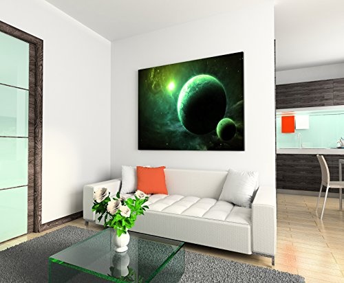 Paul Sinus Art Kunstfoto auf Leinwand 60x40cm Illustration - Grüne Planeten mit Mond auf Leinwand Exklusives Wandbild Moderne Fotografie für Ihre Wand in Vielen Größen