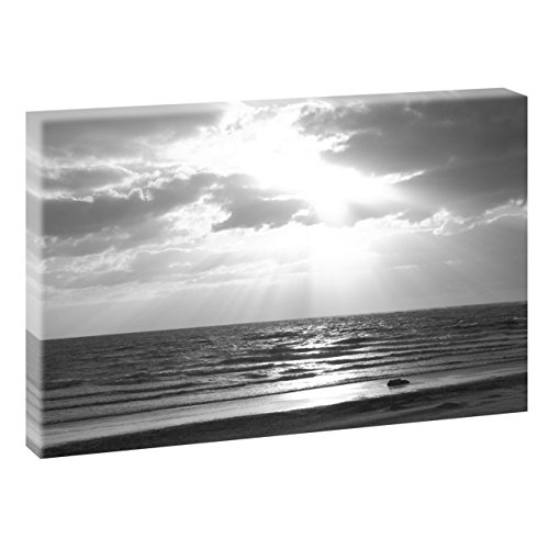 Sonnenuntergang am Meer 2 | Panoramabild im XXL Format | Poster | Wandbild | Poster | Fotografie | Trendiger Kunstdruck auf Leinwand (120 cm x 80 cm , Schwarz-Weiß)