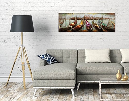 KunstLoft Extravagantes Metallbild 3D Nähe der Ferne 120x40x6cm | Design Wanddeko XXL Handgefertigt | Unikat Luxus Wandskulptur | Gondeln Meer Wasser Venedig | Wandbild Relief Modern