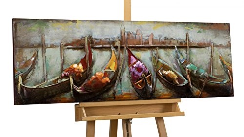 KunstLoft Extravagantes Metallbild 3D Nähe der Ferne 120x40x6cm | Design Wanddeko XXL Handgefertigt | Unikat Luxus Wandskulptur | Gondeln Meer Wasser Venedig | Wandbild Relief Modern