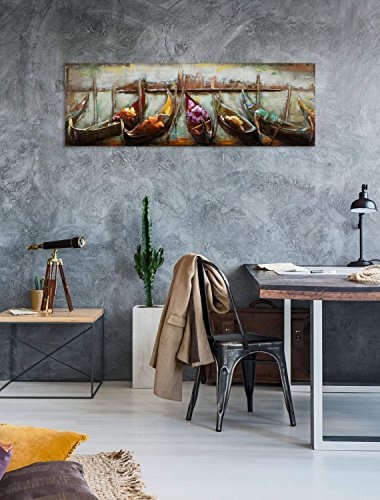 KunstLoft Extravagantes Metallbild 3D Nähe der Ferne 120x40x6cm | Design Wanddeko XXL Handgefertigt | Unikat Luxus Wandskulptur | Gondeln Meer Wasser Venedig | Wandbild Relief Modern