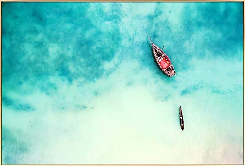 KunstLoft® Gerahmte Fotografie Boat in Aqua 90x60cm | moderner Foto-Print hinter Echtglas | Meer Boot Türkis Rot | Fotokunst inkl. Aluminium-Bilderrahmen