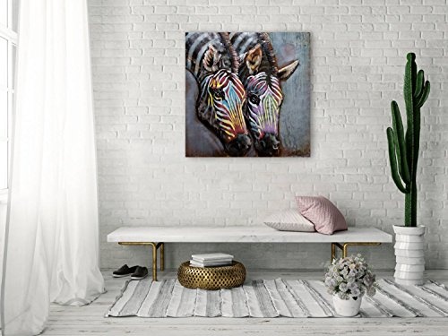 Extravagantes KunstLoft® Metallbild 3D Twins 80x80x6,5cm | Design Wanddeko XXL handgefertigt | Unikat Luxus Wandskulptur | Zebra Tier Safari Bunt | Wandbild Relief modern