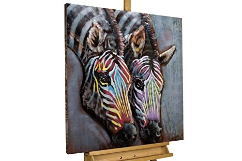 Extravagantes KunstLoft® Metallbild 3D Twins 80x80x6,5cm | Design Wanddeko XXL handgefertigt | Unikat Luxus Wandskulptur | Zebra Tier Safari Bunt | Wandbild Relief modern