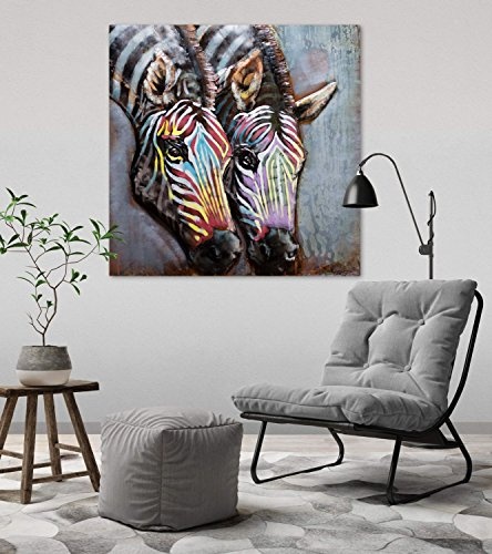 Extravagantes KunstLoft® Metallbild 3D Twins 80x80x6,5cm | Design Wanddeko XXL handgefertigt | Unikat Luxus Wandskulptur | Zebra Tier Safari Bunt | Wandbild Relief modern