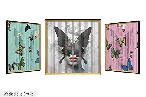 KunstLoft Trendiges 3D Wechselbild Mariposa hermosa 83x83cm | Handgefertigte Vintage Wanddeko Papier | Schmetterlinge Tiere Frau | Design Wackelbild trendige Kunst | Lentikular Bild im Bilderrahmen