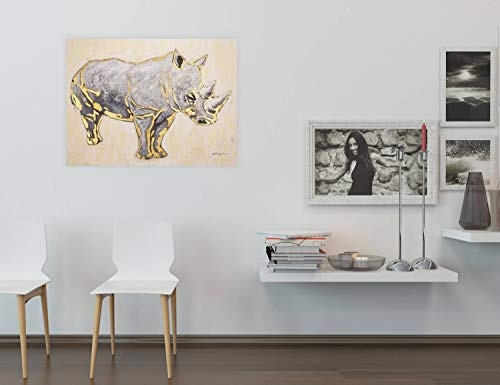 KunstLoft Acryl Gemälde Graue Eminenz  100x75cm | original handgemalte Leinwand Bilder XXL | Nashorn Grau Afrika Savanne Deko | Wandbild Acrylbild moderne Kunst einteilig mit Rahmen