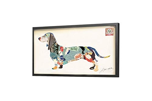 Trendiges KunstLoft® Bild Frame Art 3D Dackelstolz 121x61cm | Handgefertigte Vintage Wanddeko aus Papier | Bunter Hund Dackel Blau 3D Deko | Wandbild Collage Art moderne Kunst Retro im Bilderrahmen