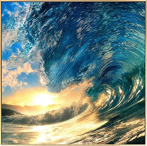 KunstLoft® Gerahmte Fotografie Inside The Wave 80x80cm | moderner Foto-Print hinter Echtglas | Welle Sonne Blau Gelb | Fotokunst inkl. Aluminium-Bilderrahmen