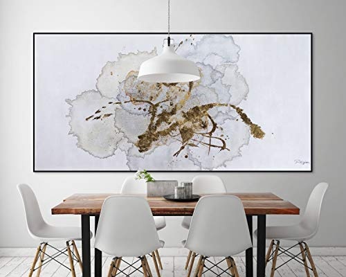 KunstLoft® XXL Gemälde Goldener Blütenzauber 200x100cm | original handgemalte Bilder | Abstrakt Tropfen Grau Gelb | Leinwand-Bild Ölgemälde einteilig groß | Modernes Kunst Ölbild