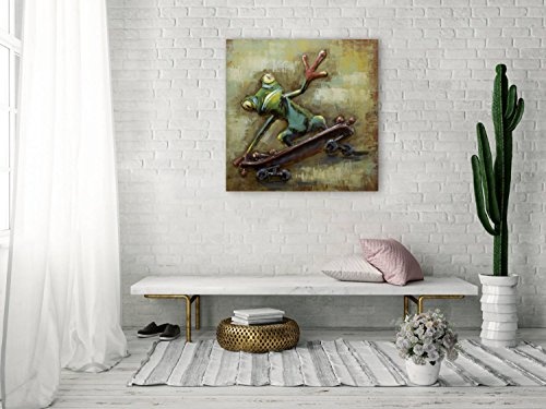 KunstLoft Extravagantes Metallbild 3D Skaterboy 80x80x5cm | Design Wanddeko XXL Handgefertigt | Unikat Luxus Wandskulptur | Frosch Tier Grün Skateboard | Wandbild Relief Modern