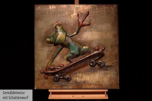 KunstLoft Extravagantes Metallbild 3D Skaterboy 80x80x5cm | Design Wanddeko XXL Handgefertigt | Unikat Luxus Wandskulptur | Frosch Tier Grün Skateboard | Wandbild Relief Modern