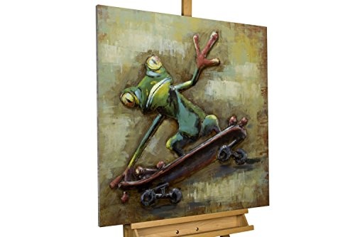 KunstLoft Extravagantes Metallbild 3D Skaterboy 80x80x5cm | Design Wanddeko XXL Handgefertigt | Unikat Luxus Wandskulptur | Frosch Tier Grün Skateboard | Wandbild Relief Modern