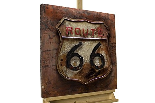 KunstLoft Extravagantes Metallbild 3D Route 66 60x60x6cm | Design Wanddeko XXL handgefertigt | Unikat Luxus Wandskulptur | Route 66 USA US Braun Schild | Wandbild Relief modern