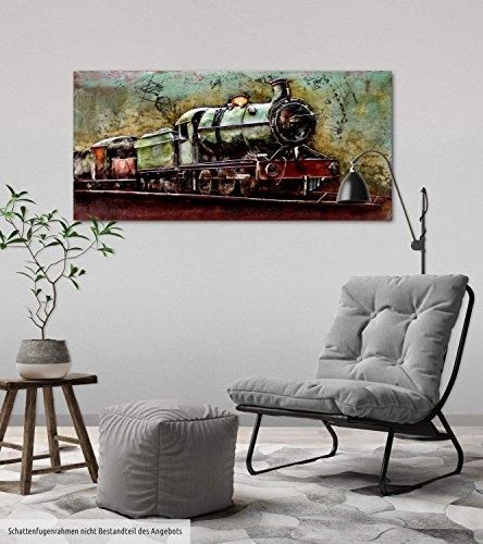 KunstLoft Extravagantes Metallbild 3D Train into The Vague 100x50x4cm | Design Wanddeko XXL handgefertigt | Unikat Luxus Wandskulptur | Zug Lokomotive Dampflokomotive Grün | Wandbild Relief modern