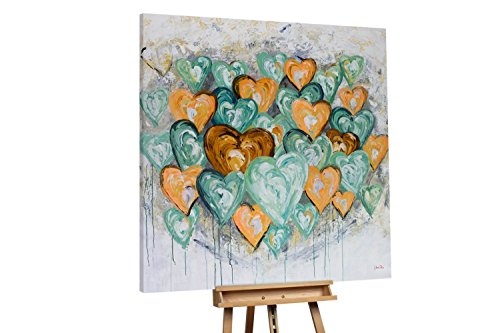 KunstLoft XXL Gemälde Herzenswünsche 150x150cm | Original handgemalte Bilder | Herz Grün Gelb Grau | Leinwand-Bild Ölfarbegemälde Einteilig groß | Modernes Kunst Ölfarbebild
