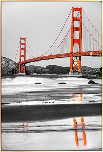 KunstLoft® Gerahmte Fotografie Cardinal Bridge 60x90cm | moderner Foto-Print hinter Echtglas | Brücke Meer Schwarz-Weiß Rot | Fotokunst inkl. Aluminium-Bilderrahmen