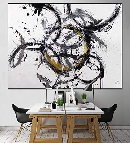 KunstLoft® XXL Gemälde Verwirrung 200x150cm | original handgemalte Bilder | Kreise Schwarz Weiß Gold | Leinwand-Bild Ölgemälde einteilig groß | Modernes Kunst Ölbild