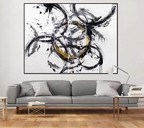 KunstLoft® XXL Gemälde Verwirrung 200x150cm | original handgemalte Bilder | Kreise Schwarz Weiß Gold | Leinwand-Bild Ölgemälde einteilig groß | Modernes Kunst Ölbild