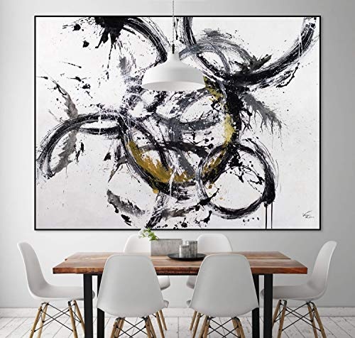 KunstLoft® XXL Gemälde Verwirrung 200x150cm | original handgemalte Bilder | Kreise Schwarz Weiß Gold | Leinwand-Bild Ölgemälde einteilig groß | Modernes Kunst Ölbild