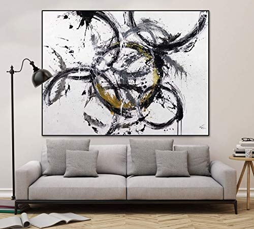 KunstLoft® XXL Gemälde Verwirrung 200x150cm | original handgemalte Bilder | Kreise Schwarz Weiß Gold | Leinwand-Bild Ölgemälde einteilig groß | Modernes Kunst Ölbild