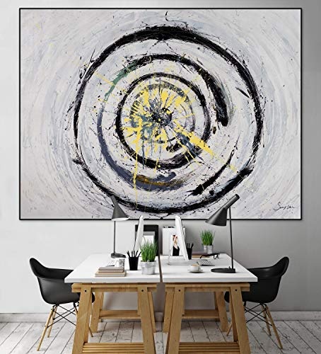 KunstLoft® XXL Gemälde Endloser Blick 200x150cm | original handgemalte Bilder | Kreise Weiß Schwarz Gelb | Leinwand-Bild Ölgemälde einteilig groß | Modernes Kunst Ölbild