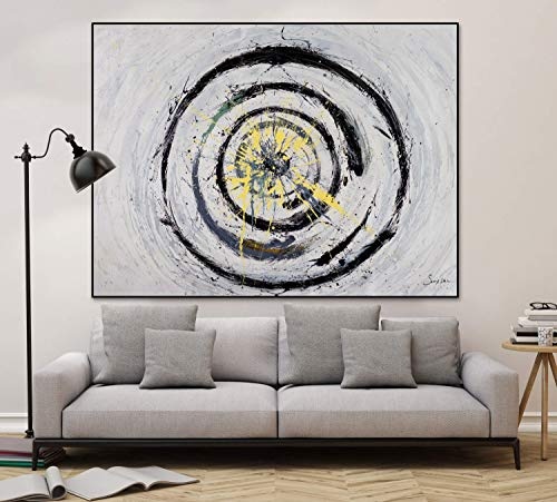 KunstLoft® XXL Gemälde Endloser Blick 200x150cm | original handgemalte Bilder | Kreise Weiß Schwarz Gelb | Leinwand-Bild Ölgemälde einteilig groß | Modernes Kunst Ölbild