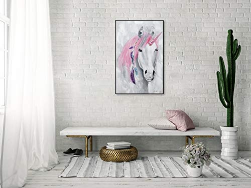 KunstLoft® Acryl Gemälde Young Fantasy 60x90cm | original handgemalte Leinwand Bilder XXL | Modern Einhorn Pink Grau | Wandbild Acrylbild Moderne Kunst einteilig mit Rahmen