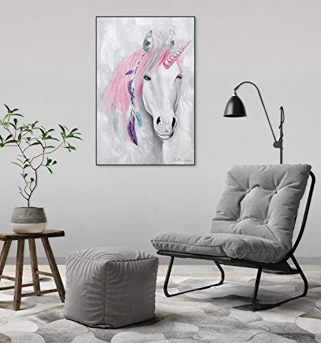 KunstLoft® Acryl Gemälde Young Fantasy 60x90cm | original handgemalte Leinwand Bilder XXL | Modern Einhorn Pink Grau | Wandbild Acrylbild Moderne Kunst einteilig mit Rahmen