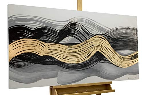 KunstLoft® Acryl Gemälde Verschlungene Woge 120x60cm | original handgemalte Leinwand Bilder XXL | Abstrakt Wellen Schwarz Gold | Wandbild Acrylbild Moderne Kunst einteilig mit Rahmen