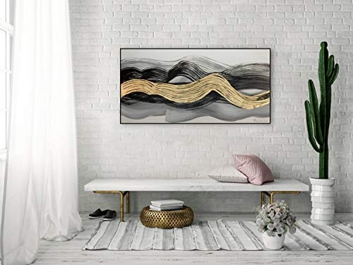 KunstLoft® Acryl Gemälde Verschlungene Woge 120x60cm | original handgemalte Leinwand Bilder XXL | Abstrakt Wellen Schwarz Gold | Wandbild Acrylbild Moderne Kunst einteilig mit Rahmen