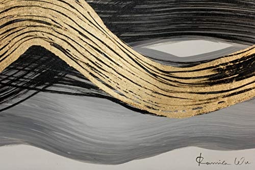 KunstLoft® Acryl Gemälde Verschlungene Woge 120x60cm | original handgemalte Leinwand Bilder XXL | Abstrakt Wellen Schwarz Gold | Wandbild Acrylbild Moderne Kunst einteilig mit Rahmen