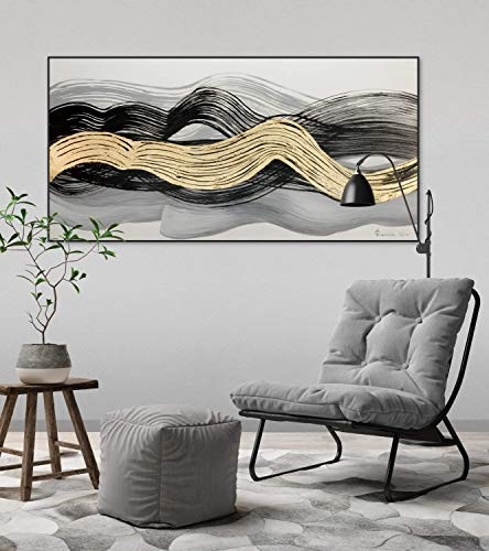 KunstLoft® Acryl Gemälde Verschlungene Woge 120x60cm | original handgemalte Leinwand Bilder XXL | Abstrakt Wellen Schwarz Gold | Wandbild Acrylbild Moderne Kunst einteilig mit Rahmen