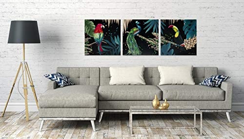 KunstLoft Extravagantes Holz Wandbild Tropischer Gesang 180x60x3.5cm | Handgefertigte XXL Luxus Wandskulptur | Bild auf Holz Unikat | Modern Papagei Pfaun Schwarz Bunt | Holzbild modern
