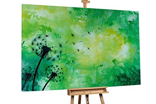 KunstLoft XXL Gemälde Eine Brise Grün 180x120cm | Original handgemalte Bilder | Pusteblume Grün Gelb Schwarz | Leinwand-Bild Ölfarbegemälde Einteilig groß | Modernes Kunst Ölfarbebild